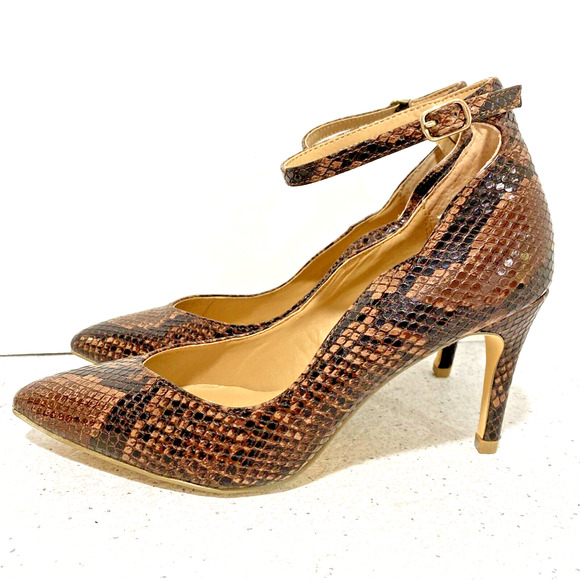 Kaari Blue Lillian Ankle Strap High Heel Pumps Brown Faux Snakeskin Sexy US 6.5M - Picture 2 of 11